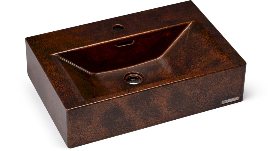 Umyvadlo 60 cm PYXIS BASIC s přepadem, s otvorem pro baterii - SMOKED METAL, měděná a černá, lak polomatný